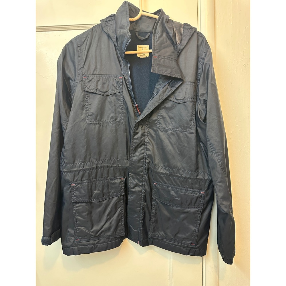 Lands End Kids Navy Blue Fleece Lined Hooded Field Jacket Parka Size L 14-16